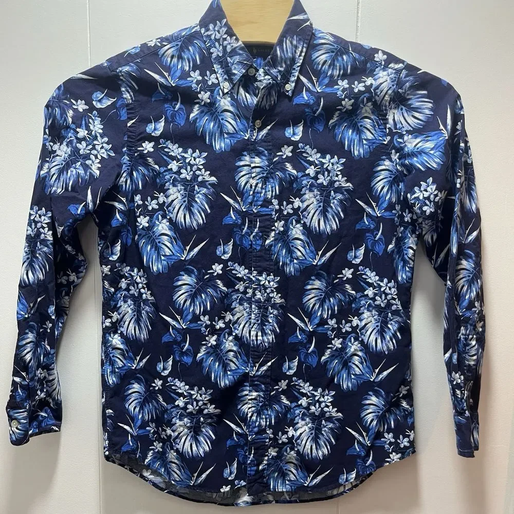 Ralph Lauren Floral Print Long Sleeve Button Up‎ Shirt Men's Size Medium Blue